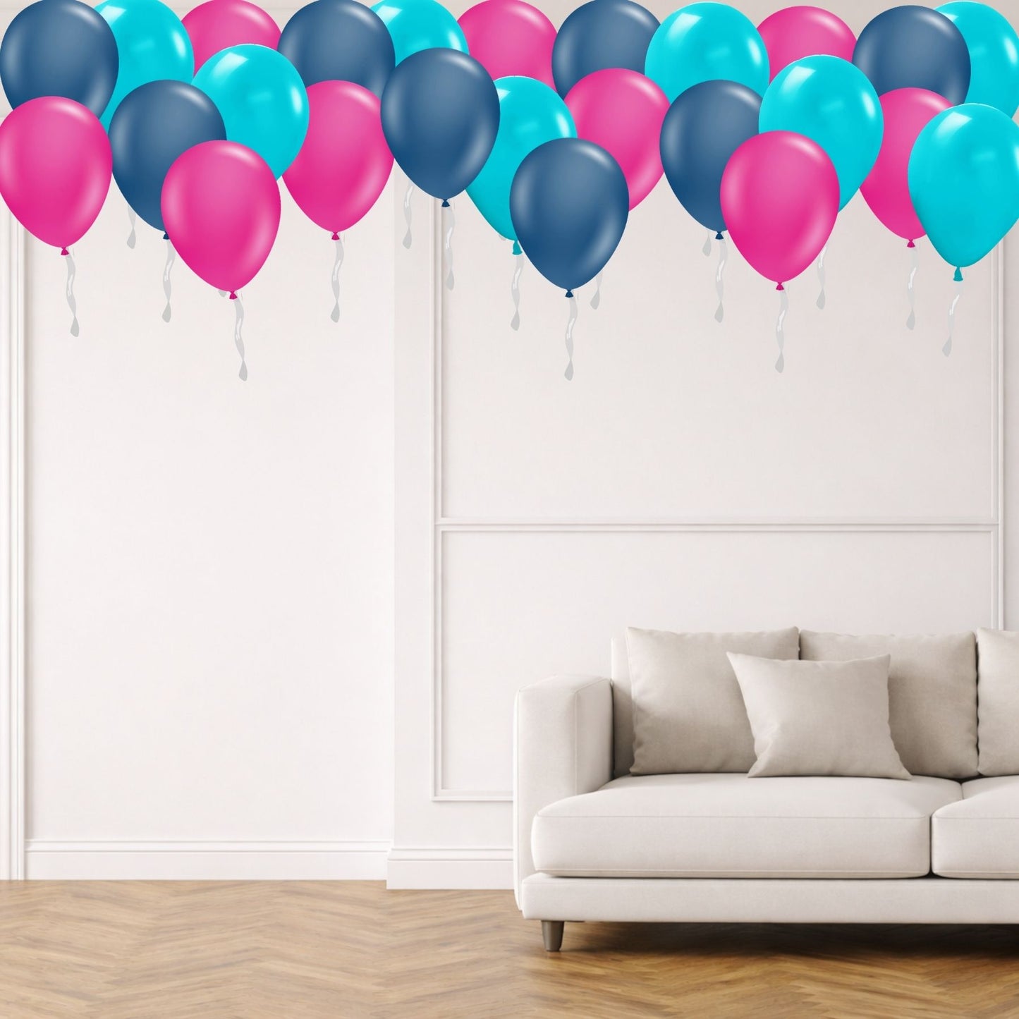 Ceiling balloons floating across a room with colorful helium balloons and ribbons Frederick Maryland