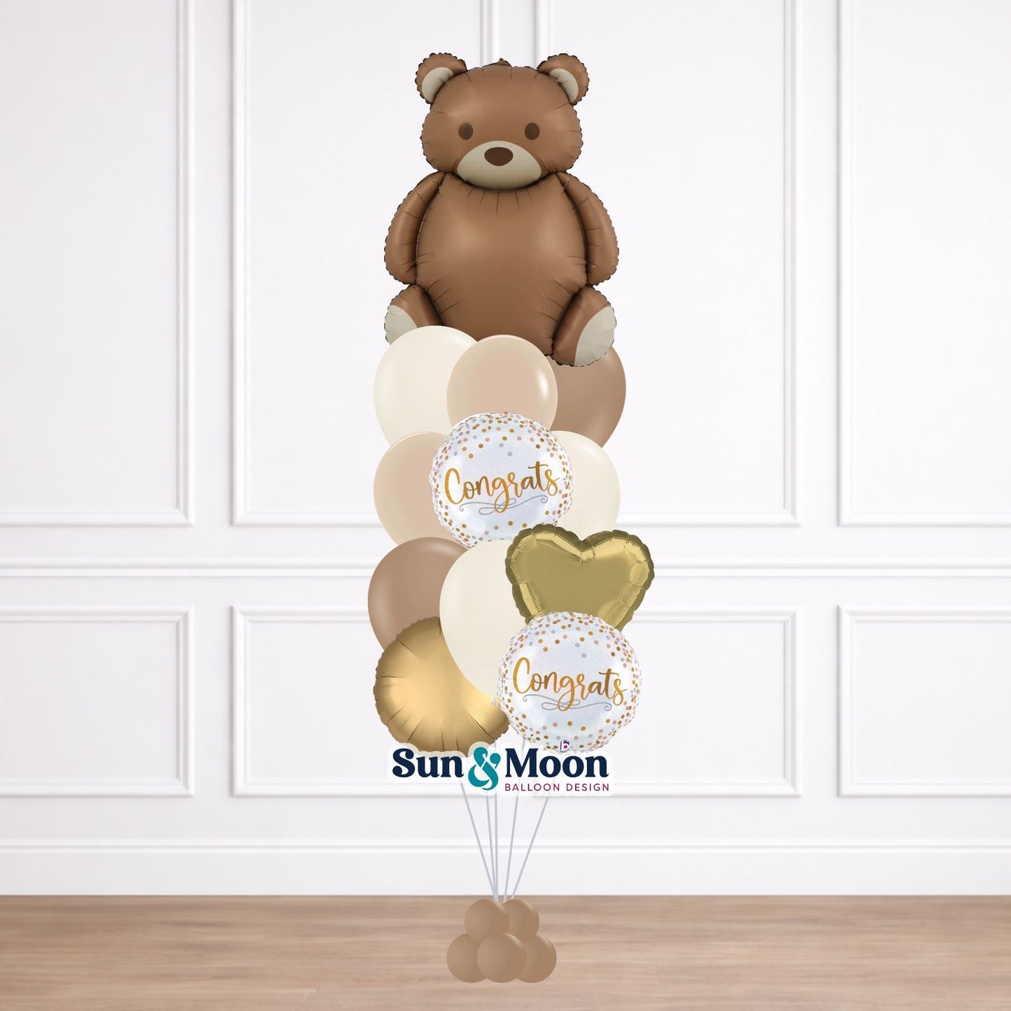 Baby bear themed balloon bouquet for new baby celebration Urbana Maryland
