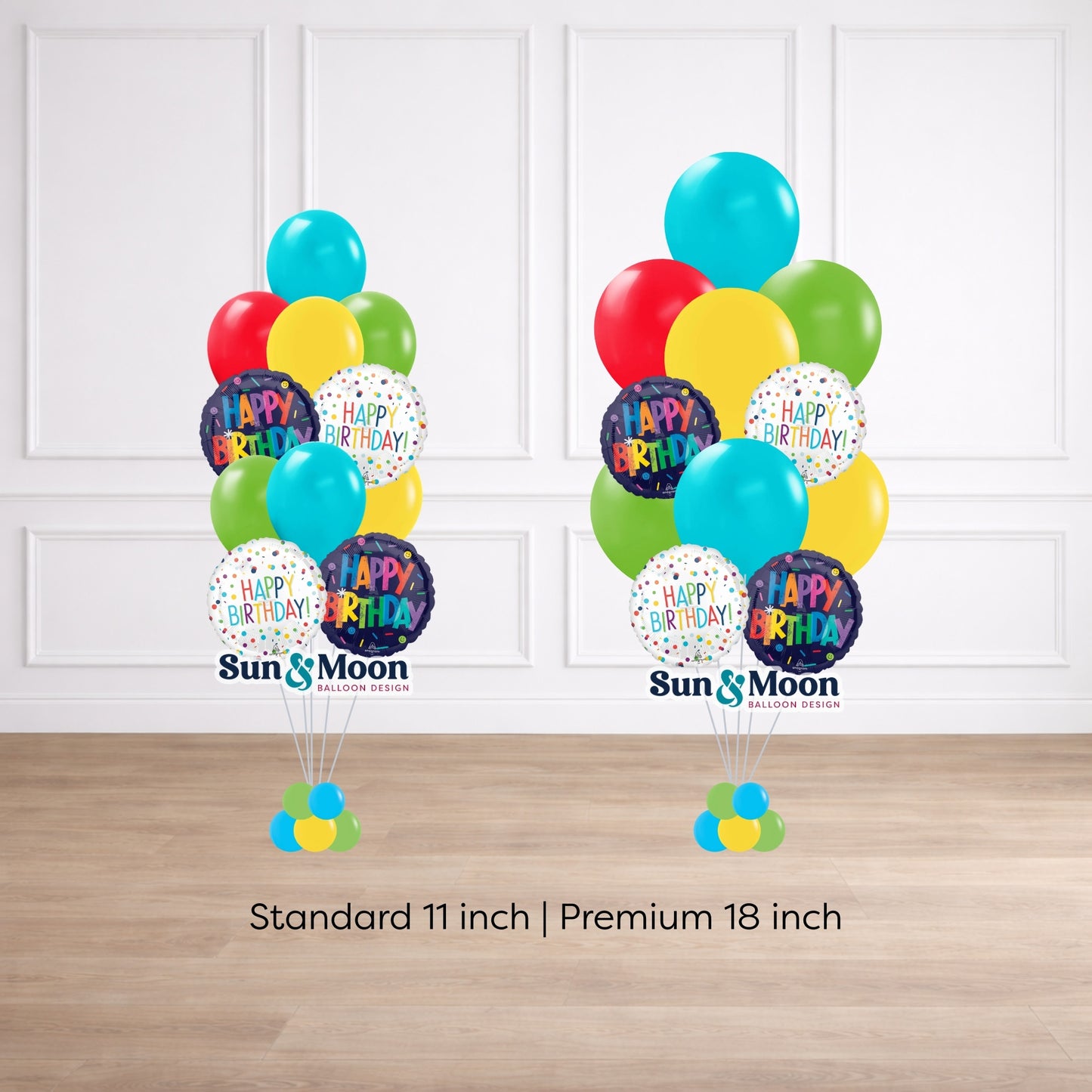 celebration balloon bouquet standard 11 inch vs premium 18 inch comparison Frederick Maryland