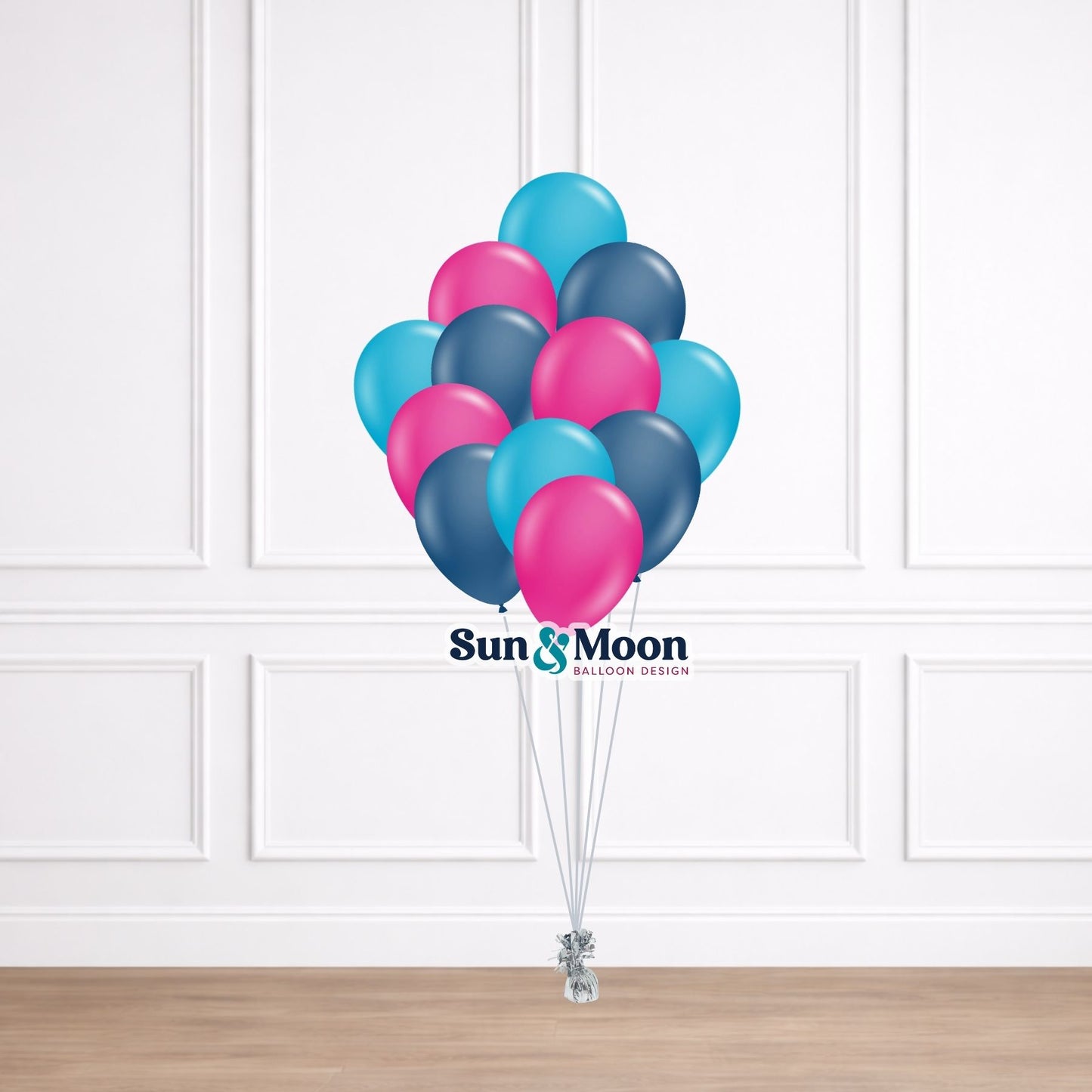 Bulk latex balloon bundle tied to weight for decorating event spaces Urbana Maryland