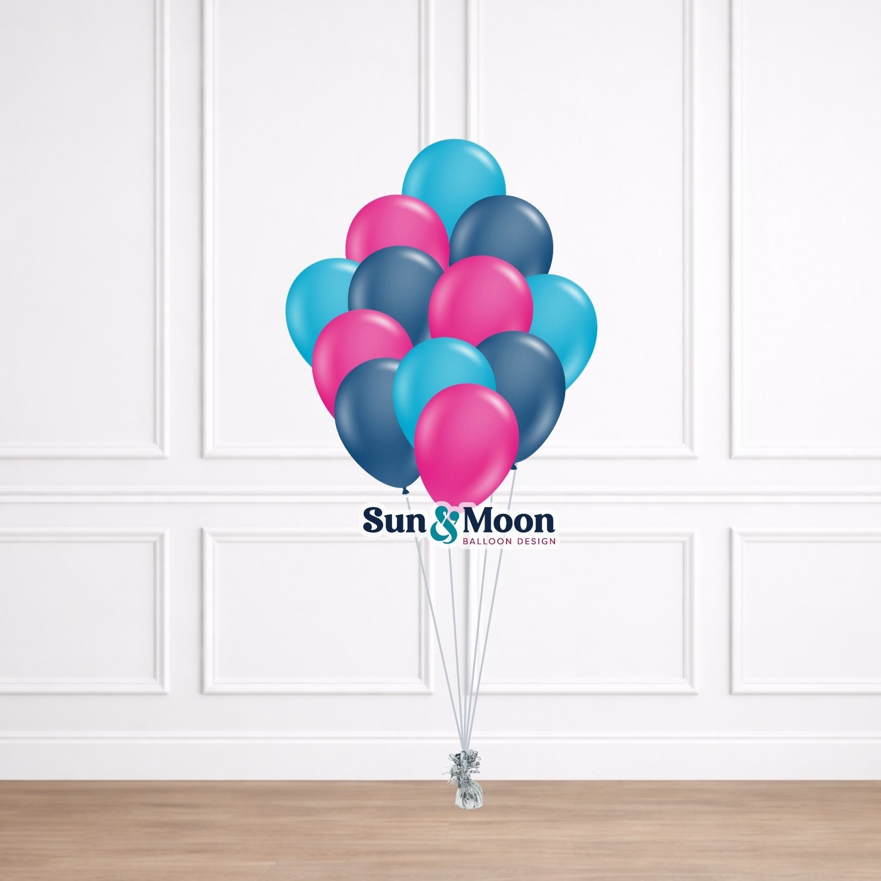 Bulk latex balloon bundle tied to weight for decorating event spaces Urbana Maryland