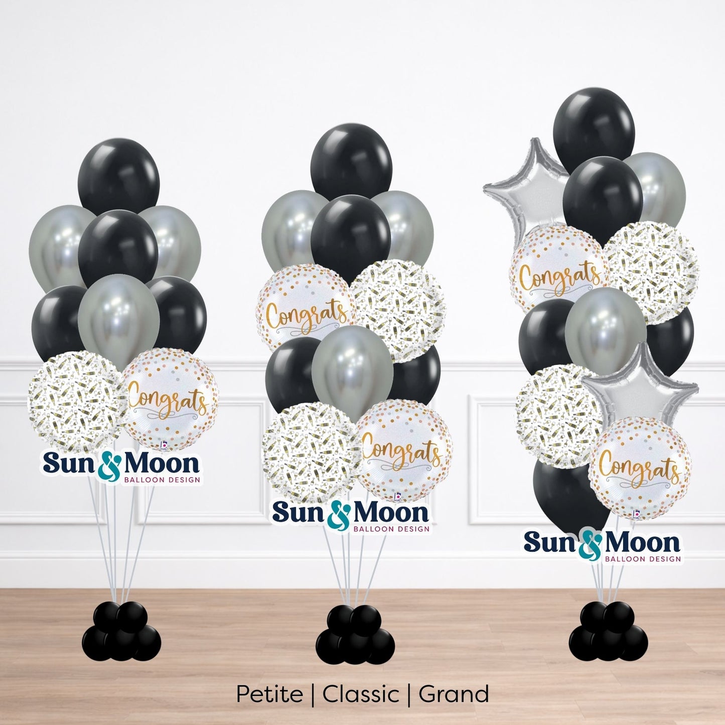 Black and gold celebration balloon bouquet for birthdays Urbana Maryland