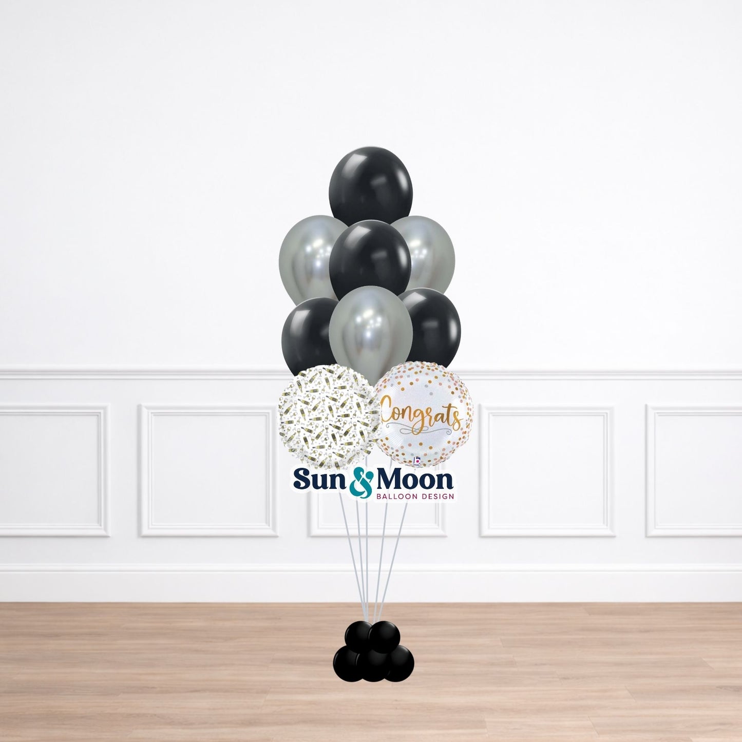Modern monochrome party balloon bouquet with gold accents New Market Maryland