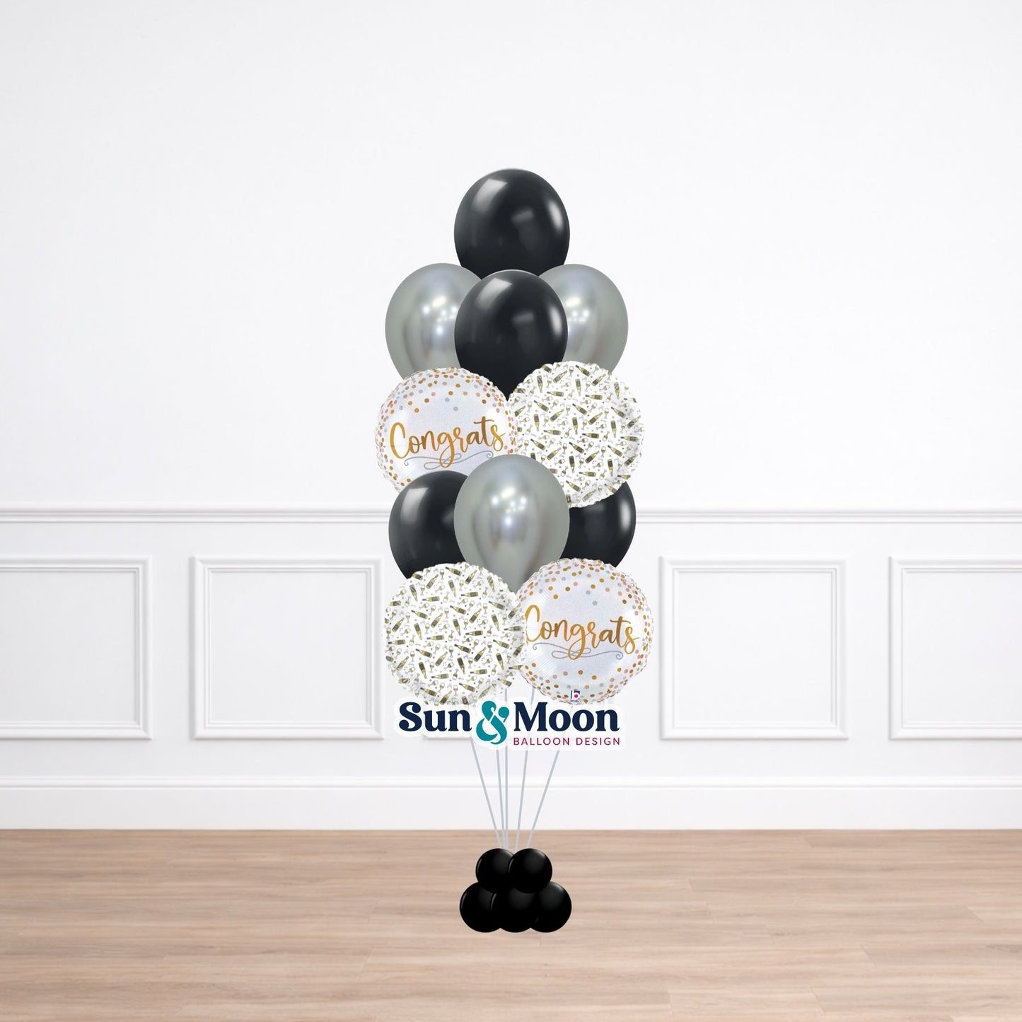 Black celebration balloon bouquet with metallic gold balloons Monrovia Maryland