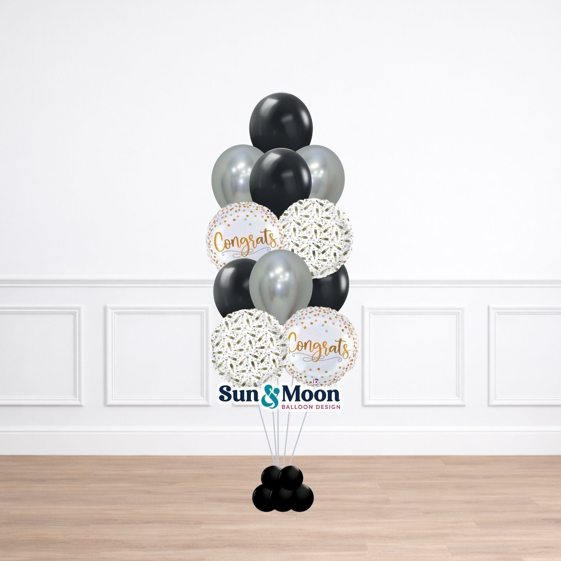Black celebration balloon bouquet with metallic gold balloons Monrovia Maryland