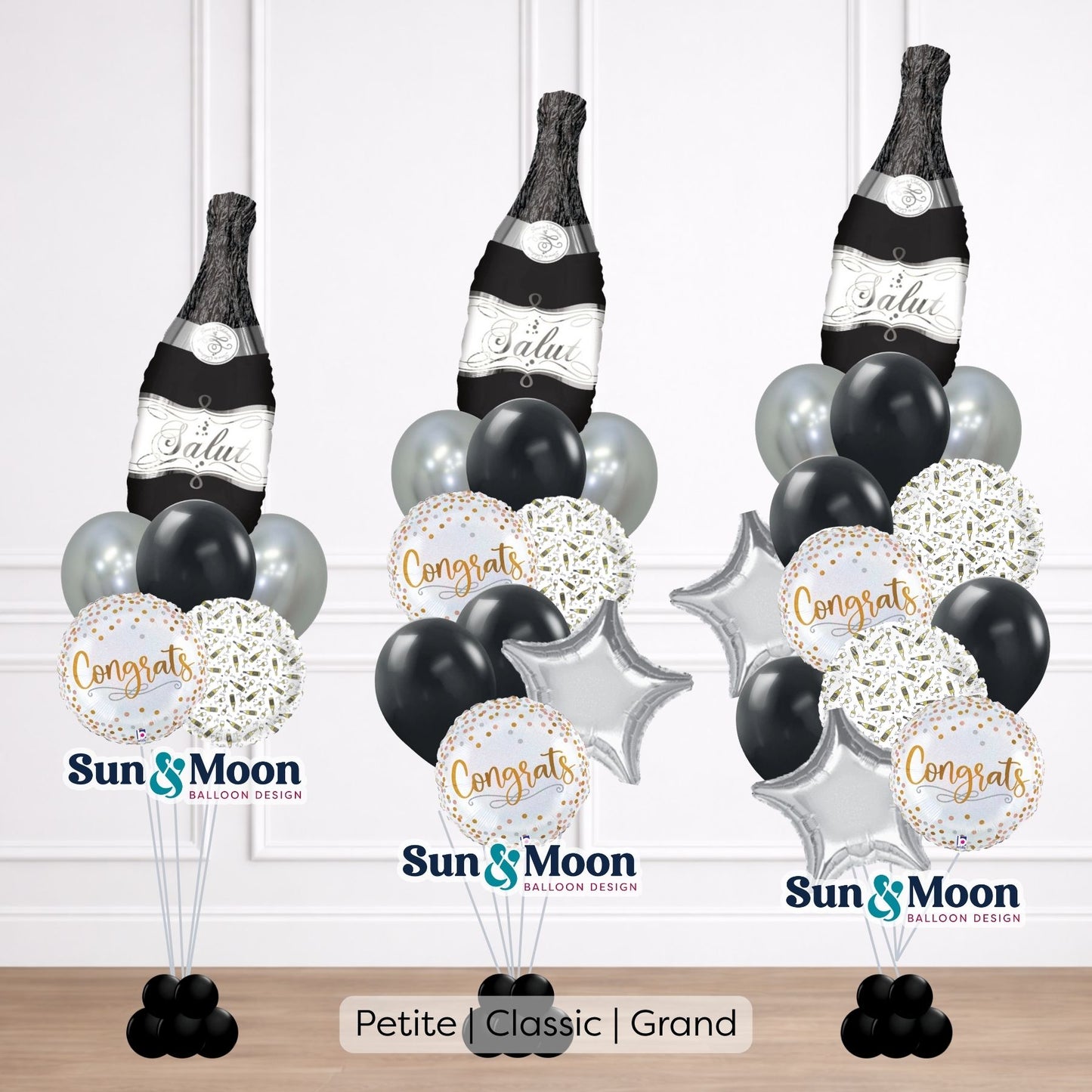 Black and gold balloon bouquet with modern monochrome style Urbana Maryland