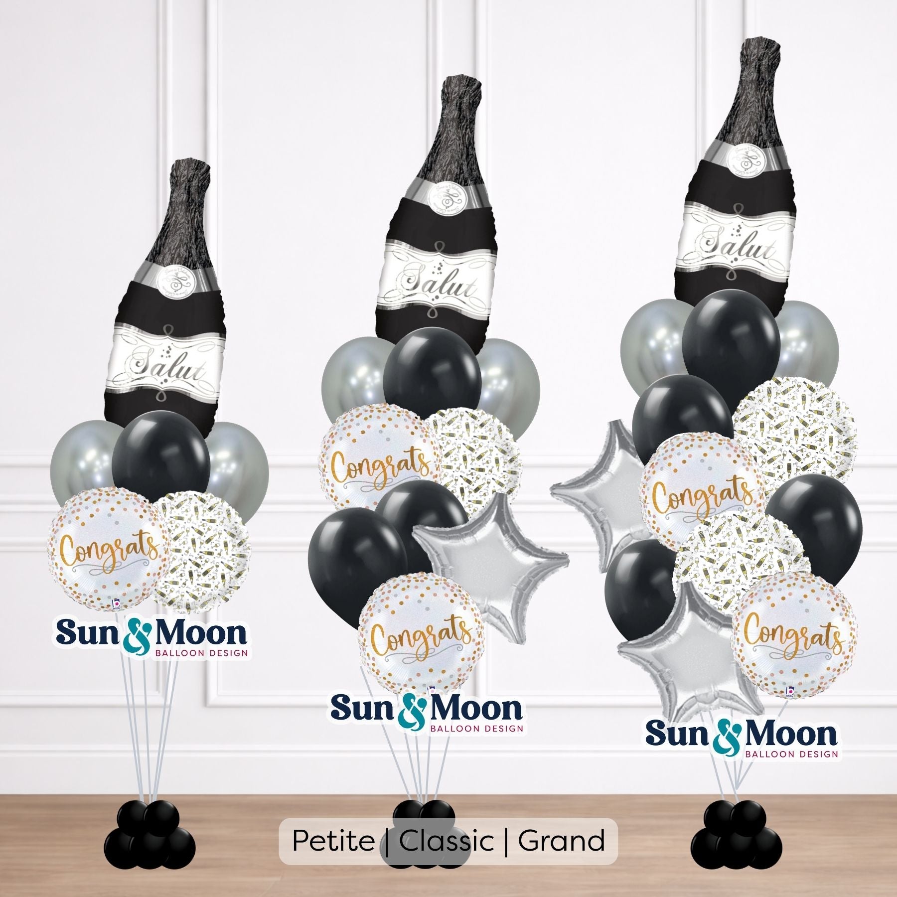 Black and gold balloon bouquet with modern monochrome style Urbana Maryland