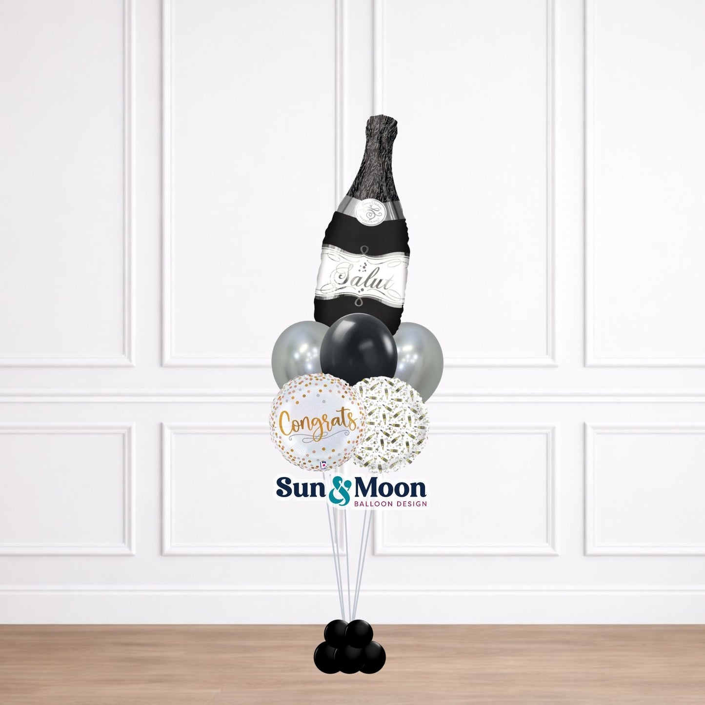Luxury black celebration balloon bouquet with metallic gold accents New Market Maryland