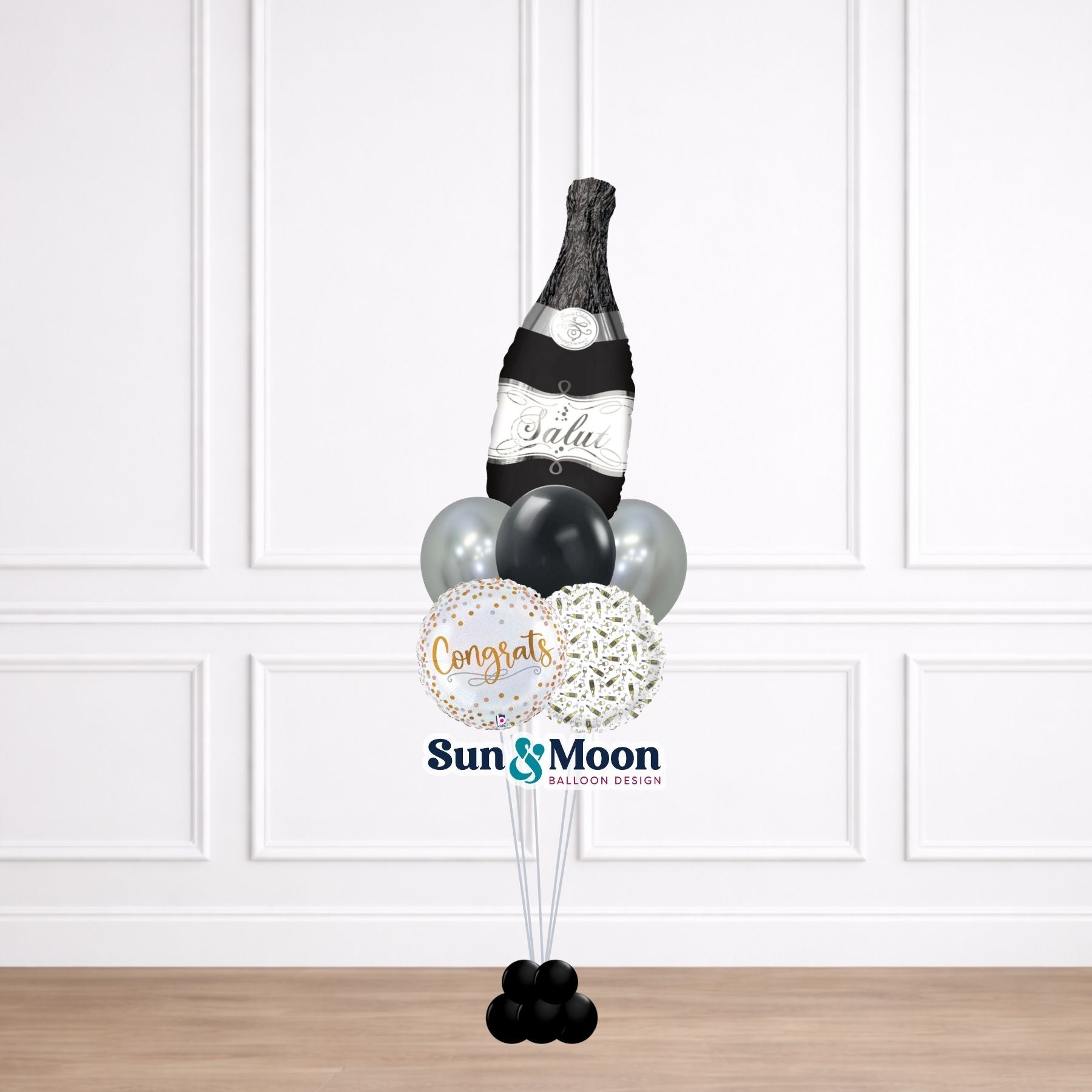 Luxury black celebration balloon bouquet with metallic gold accents New Market Maryland