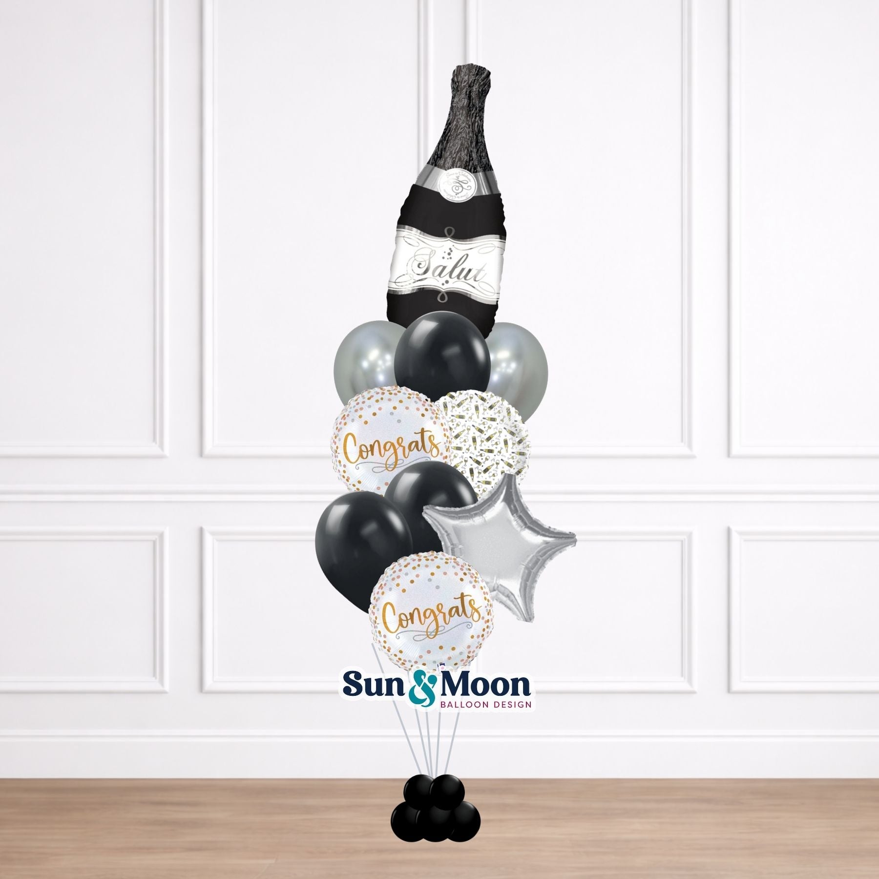 Elegant black and gold party balloon bouquet Monrovia Maryland