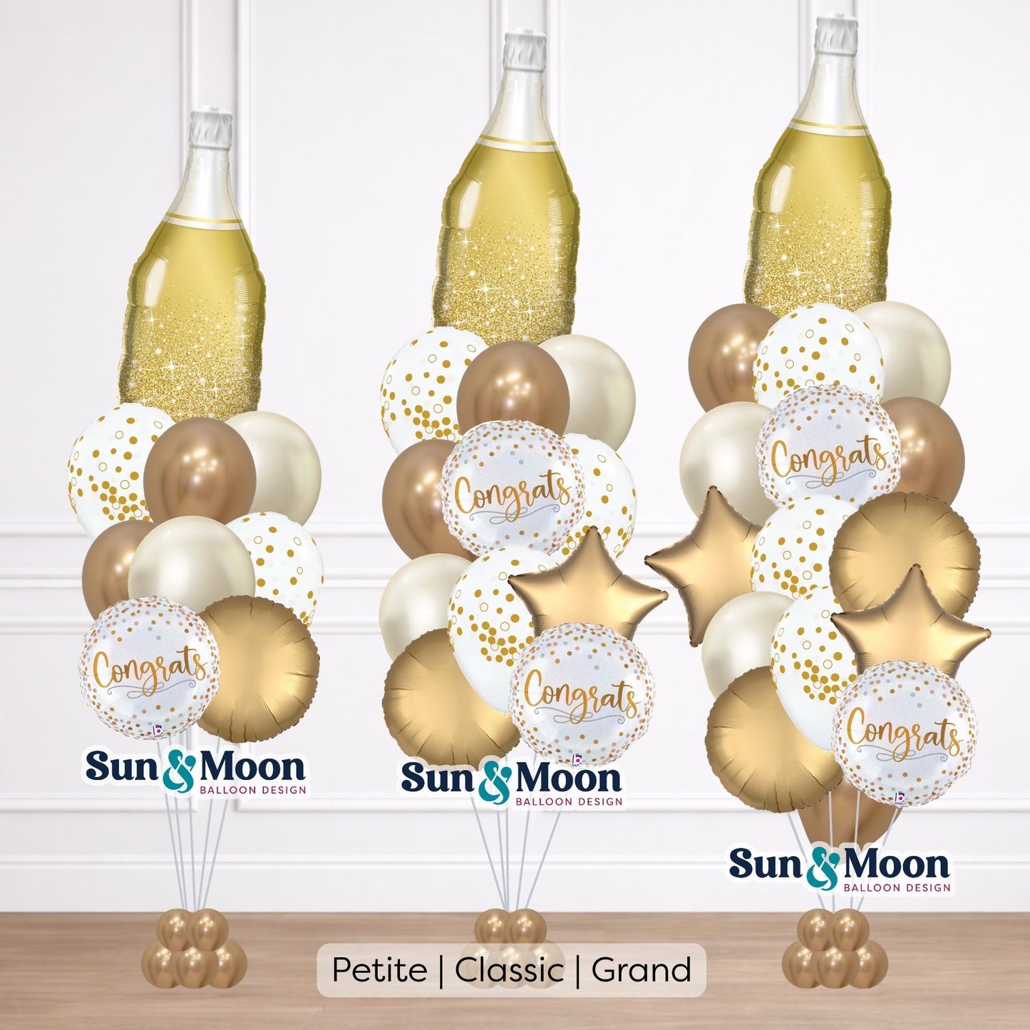 Champagne celebration balloon bouquet with elegant gold balloons Urbana Maryland